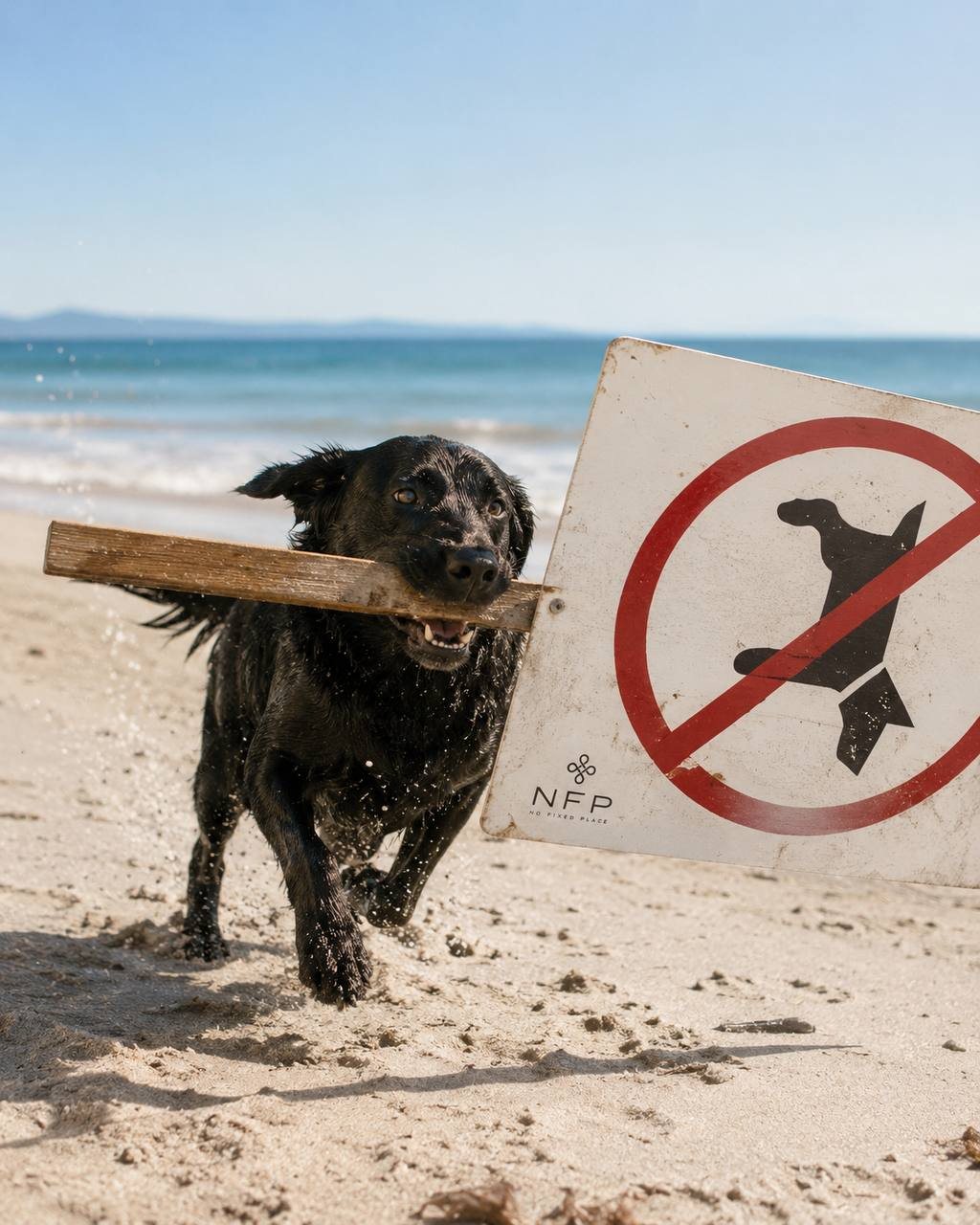 A dog carrying a sign on the beach